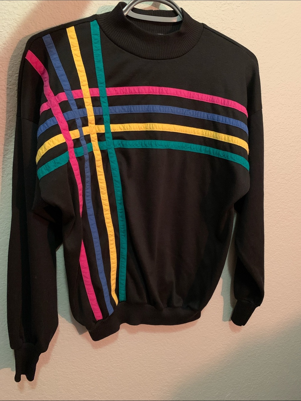 Black Crewneck Colorblock Sweater with Multicolor Stripe Accents